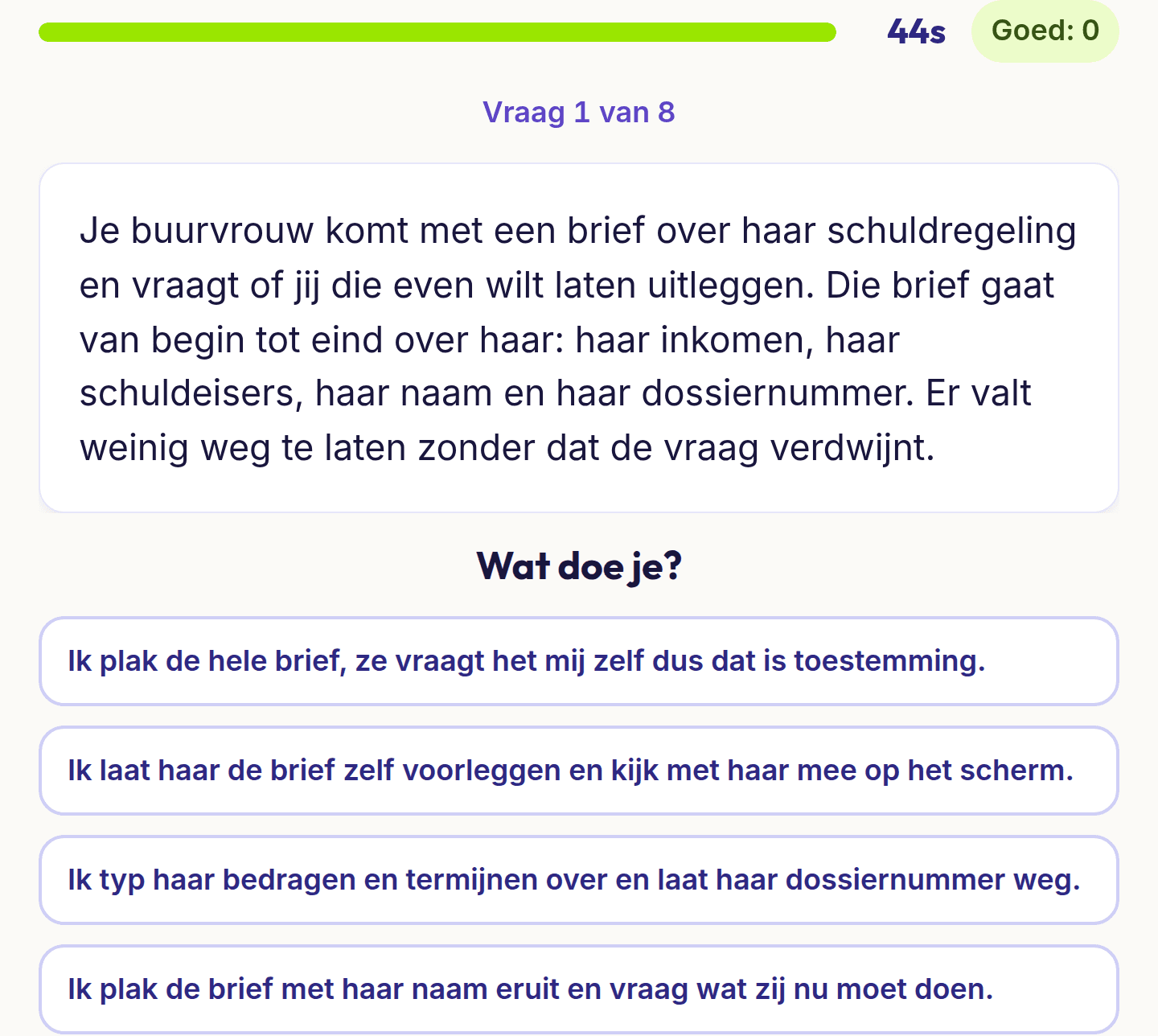 Een vraag uit de test slim vragen aan AI: wat je wel en niet met een AI deelt, met vier antwoorden