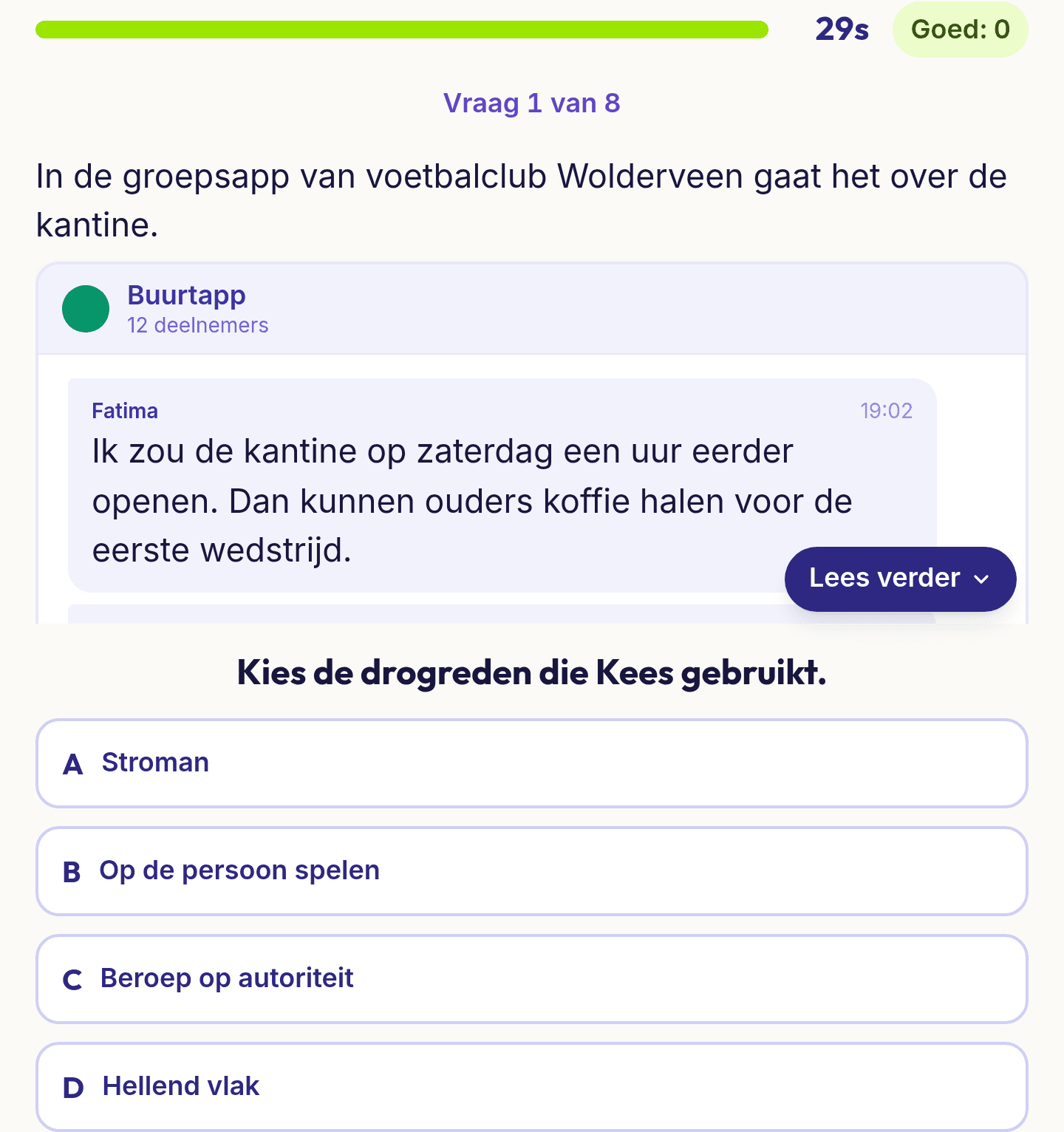 Een vraag uit Kritisch denken: een gesprek in een groepsapp en vier drogredenen om uit te kiezen