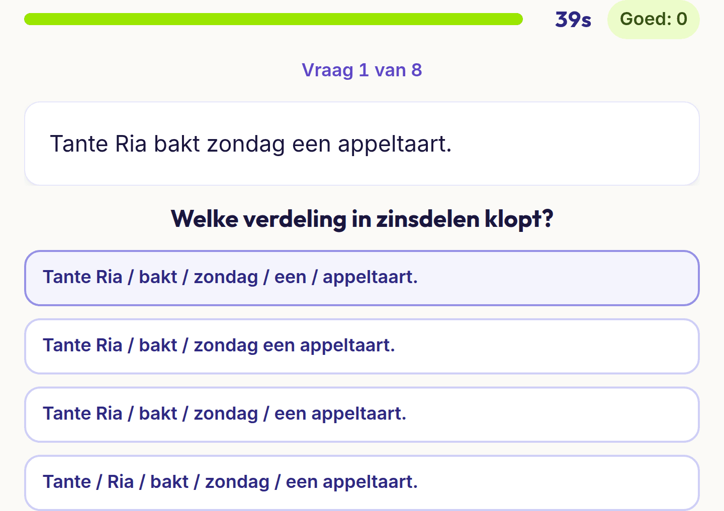 Een vraag uit de cursus zinnen ontleden: een zin en vier verdelingen in zinsdelen