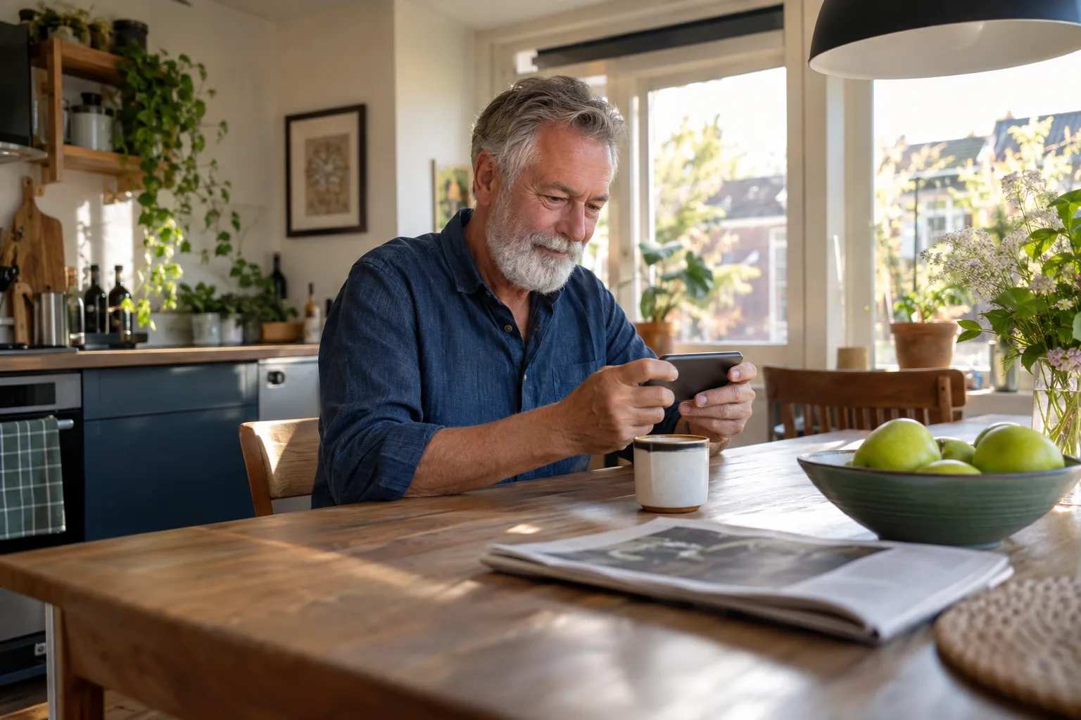 Een man met een grijze baard speelt aan de keukentafel een spelletje op zijn telefoon, met een kop koffie ernaast