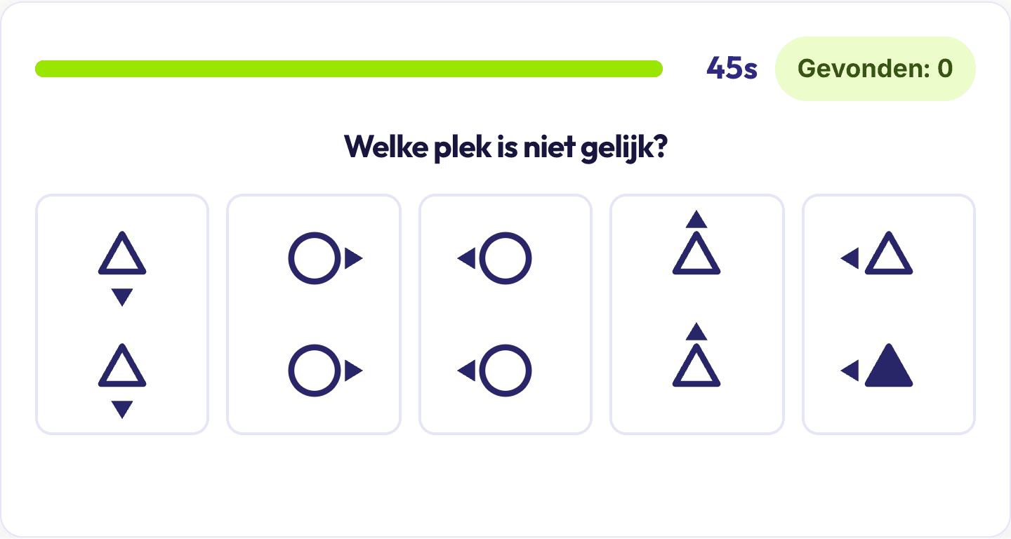 Vind het verschil uit de breintraining: twee rijen figuren waarin één plek afwijkt